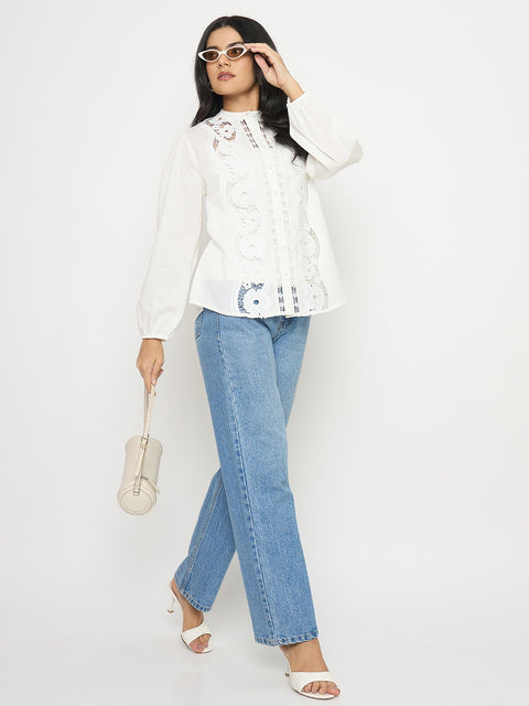 Madame Lace Detail Off White Cotton Top