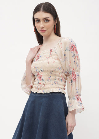 Madame Floral Beige Smocked Top