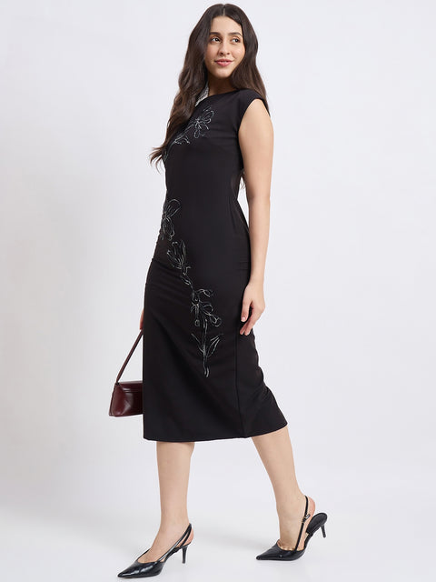 Madame Embroidered Black Bodycon Dress