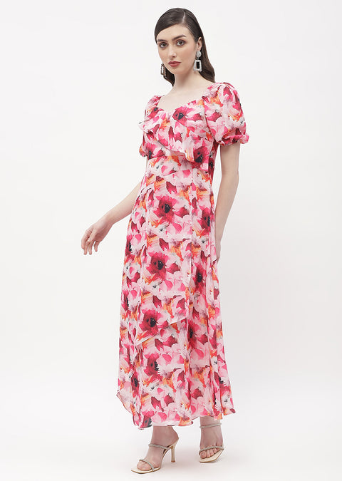 Madame Sweetheart Neck Hot Pink Floral Maxi Dress