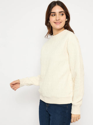 Madame Knitted Self-Textured Off White Sweatshirt