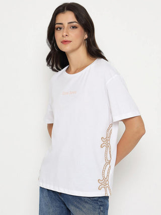 Madame Embroidered Half Sleeve White Cotton T-shirt