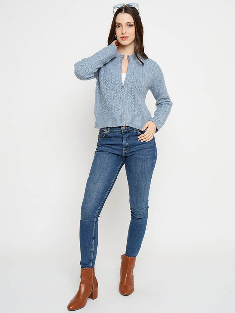 Madame Cable Knit Zip Blue Sweater