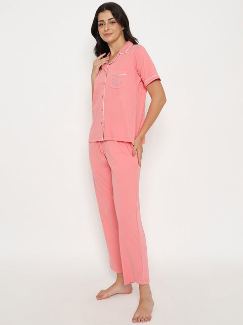 mSECRET Embossed Top and Bottom Coral Cotton Night Suit