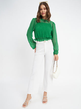 Madame Textured Swiss Dot Detail Green Peplum Top