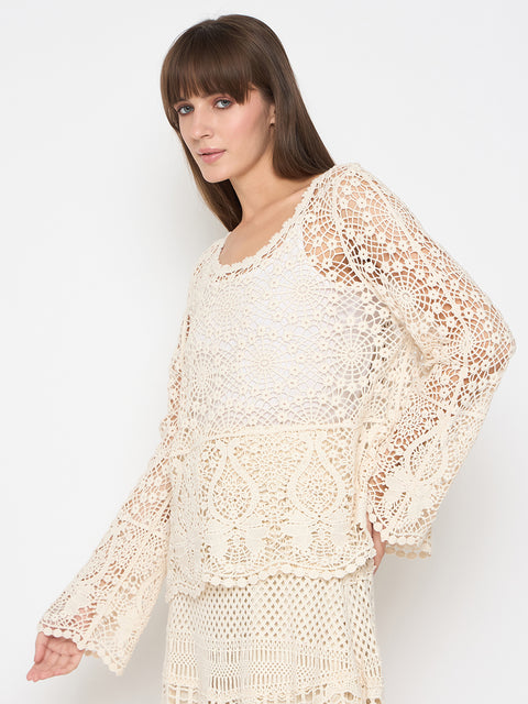 Madame Crochet Round Neck Bell Sleeve Beige Top