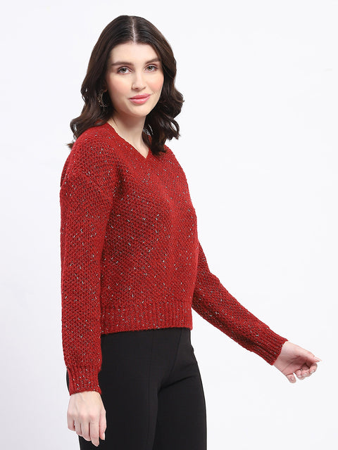 Madame Shimmery V Neck Relaxed Fit Wine Sweater