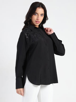 Madame Crushed Tissue Embroidered Black Shirt