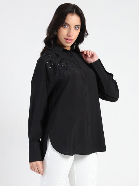 Madame Crushed Tissue Embroidered Black Shirt