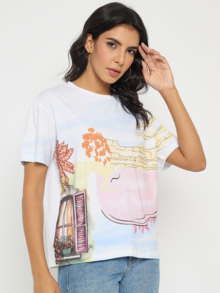 Madame All Over Print Cotton Blend White T-Shirt