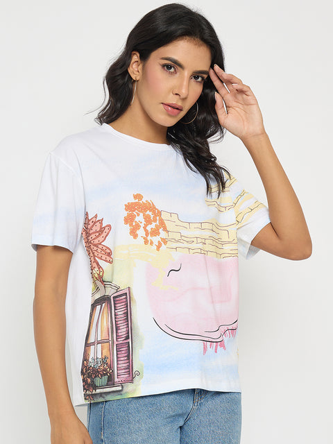Madame All Over Print Cotton Blend White T-Shirt