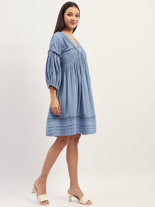 Madame Puff Sleeve Fit And Flare Cotton Blue Midi Dress