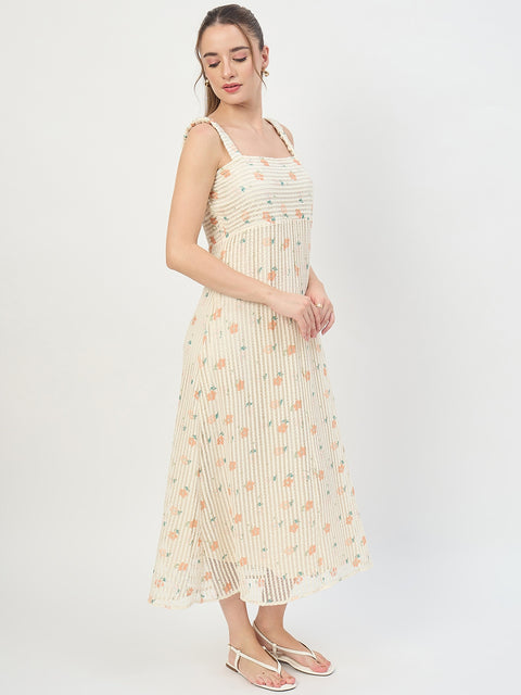 Madame Beige Printed Sleeveless Midi Dress