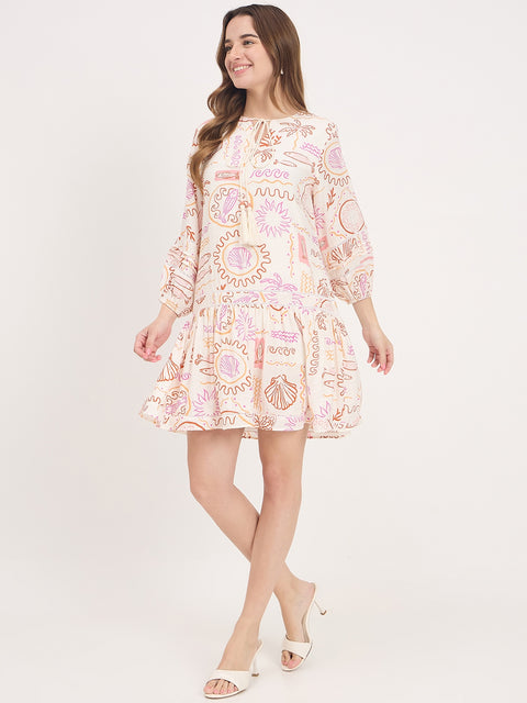 Madame Off White Printed Rayon A-Line Midi Dress