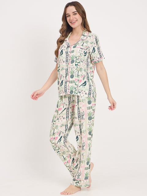 mSECRET Green Printed Rayon Spread Collar Short Sleeve Night Suit