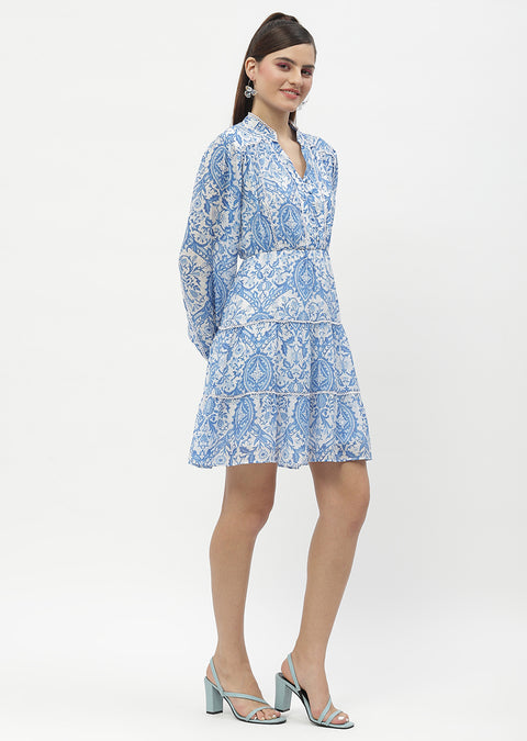 Madame Tiered Lace Detailed Blue Mini Dress