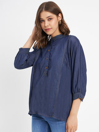Madame Button-Down Front Solid Dark Navy Cotton Top