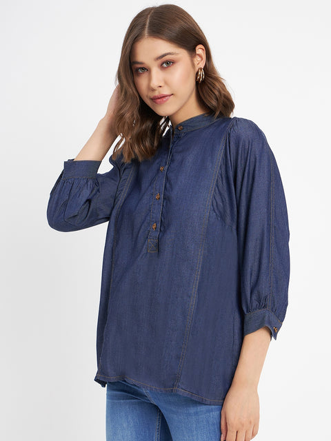 Madame Button-Down Front Solid Dark Navy Cotton Top