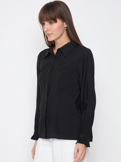 Madame Nylon Blend Heart Embellished Buttoned Black Shirt
