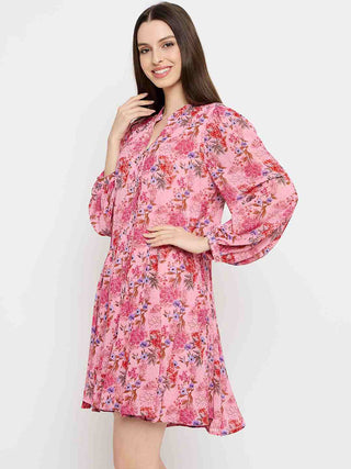 Madame Pleated Floral Pink Mini Shirt Dress