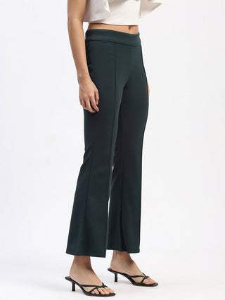 Madame Single Pleated Green Flared Trousers