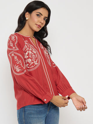 Madame Floral Embroidery Red Viscose Blend Top