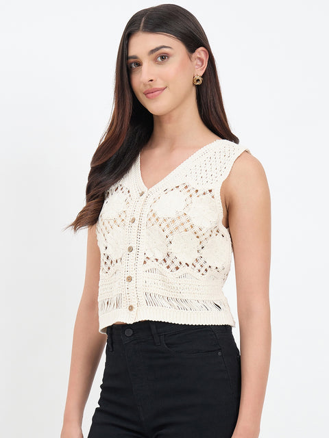 Madame Off White Cotton Embroidered Vest Top