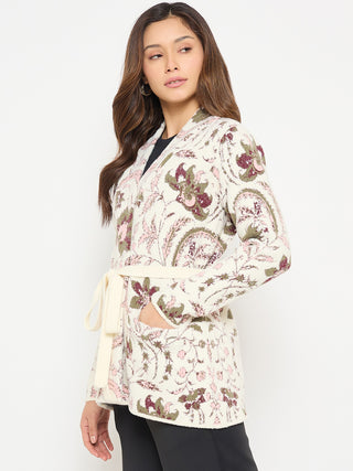 Madame Printed Beige Shrug with Belt