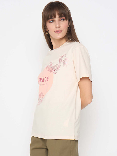 Madame Sinker Graphic Print Foil Detailed Beige Tshirt