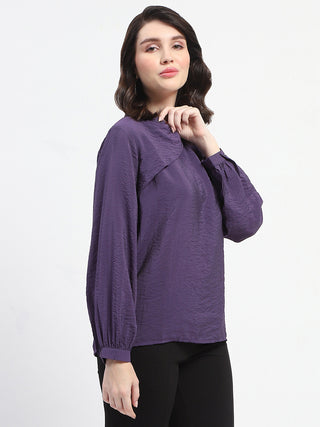 Madame Embellished Collar Ban Neck Solid Purple Top