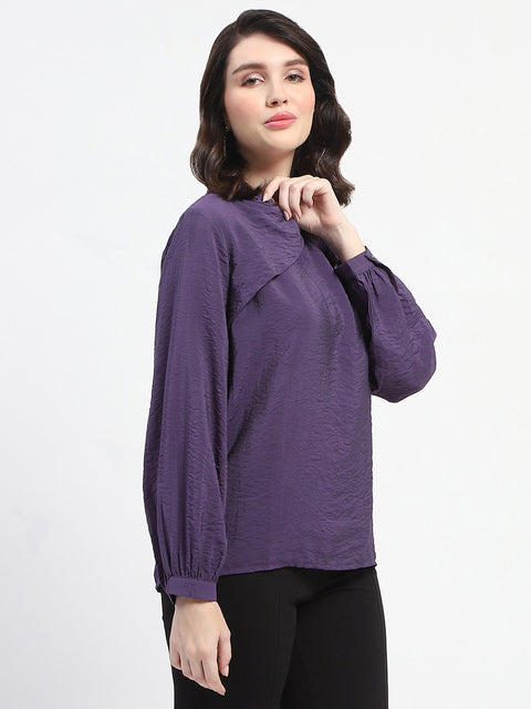 Madame Embellished Collar Ban Neck Solid Purple Top