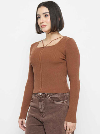 Madame Ribbed Knit Square Neck Coffee Brown Crop Top
