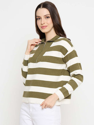 Madame Striped Zip Up Olive Green Sweater