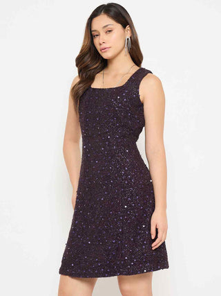 Madame Square Neck Shimmery Purple Sheath Dress