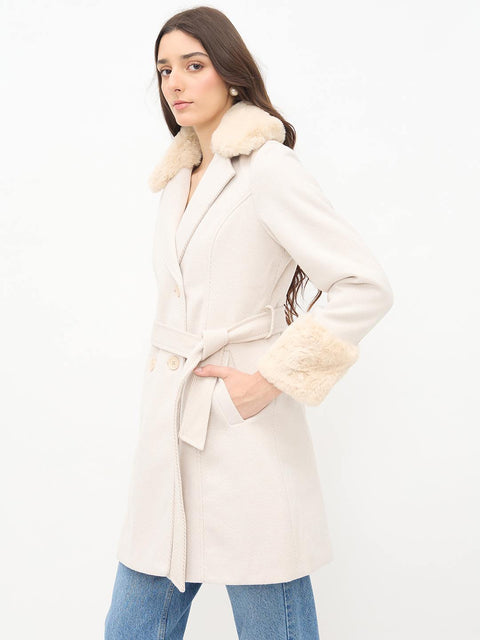 Madame Notch Lapel Neckline Belted Beige Long Coat