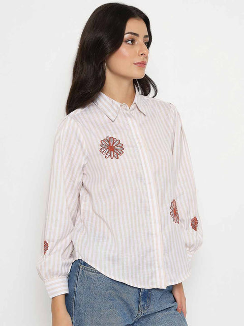 Madame Floral Embroidery Beige Striped Shirt