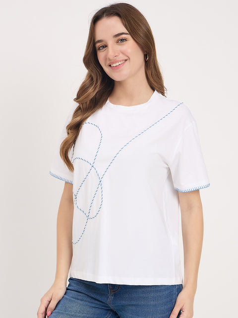 Madame White Embroidered Cotton Round Neck T-Shirt