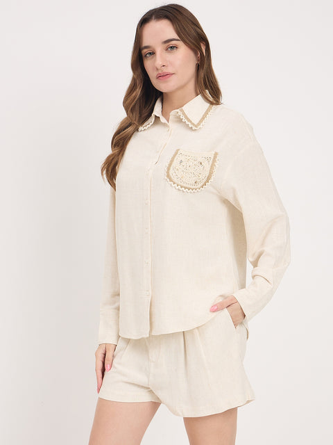 Madame Off White Embroidery Patch Rayon Linen Full Sleeve Shirt