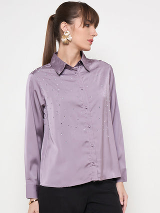 Madame Embellished Shirt Collar Solid Purple Shirt