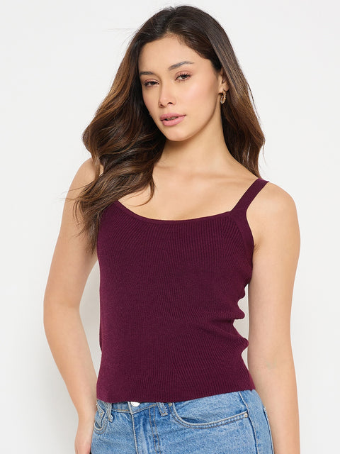 Madame Camisole Neck Wine Knit Crop Top
