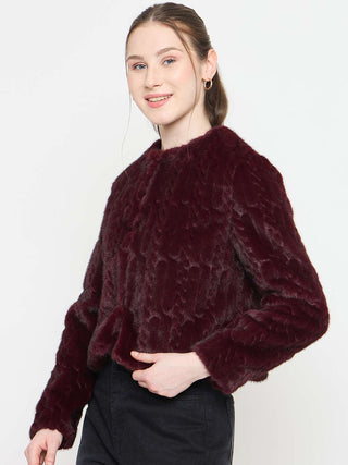 Madame Round Neck Embellished Faux Fur Blazer