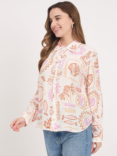 Madame Off White Printed Rayon Full Sleeve Shirt