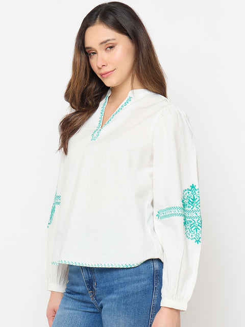 Madame Cotton Blend Balloon Sleeve White Top