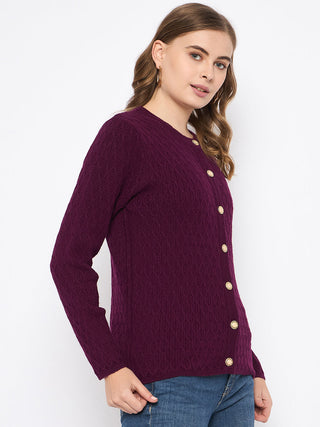 Madame Round Neck Wine Red Nylon Blend Cardigan