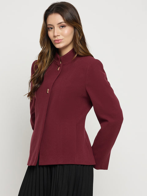 Madame Maroon Mock Neck Full Sleeve Short Coat