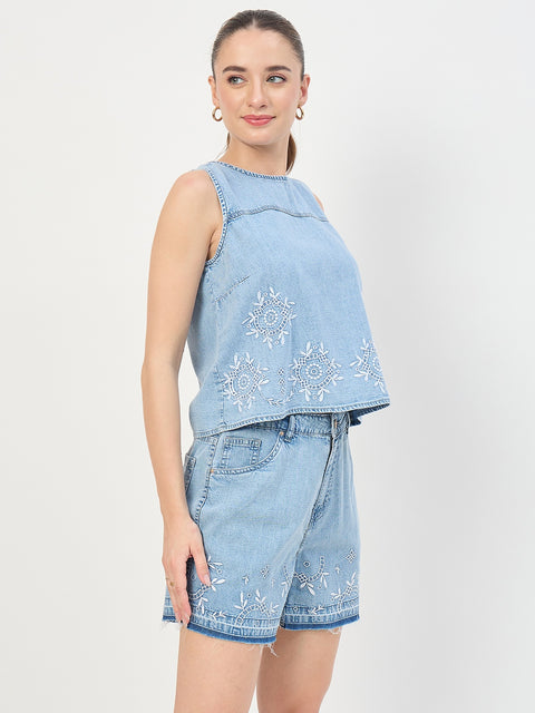 Madame Ice Blue Cotton Tencel Embroidered Sleeveless Denim Top