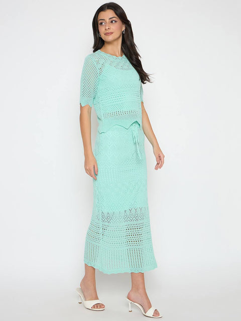 Madame Semi Sheer Top and Skirt Powder Blue Knitted Co-ord Set
