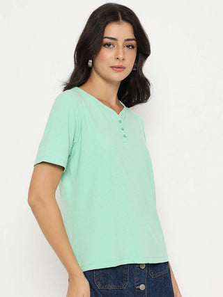 Madame Henley Neck Solid Green T-Shirt