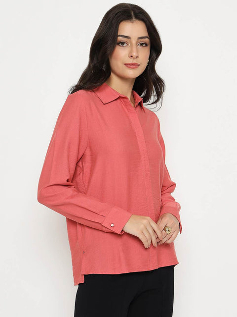 Madame Textured Solid Brick Red Rayon Blend Shirt