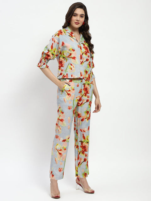 Madame Floral Print Cotton And Linen Teal Co-Ord Set